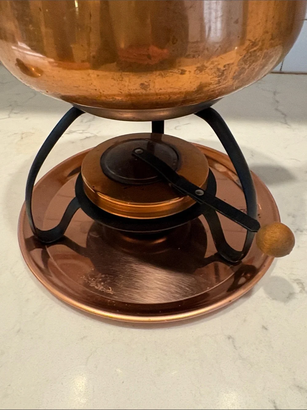 Vintage Copper Fondue Set with Wooden Handle